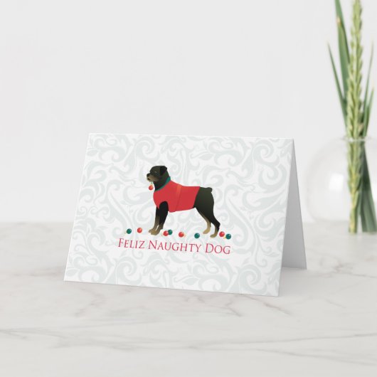 Rottweiler Feliz Naughty Dog Weihnachtsdesign Feiertagskarte (Vorderseite)