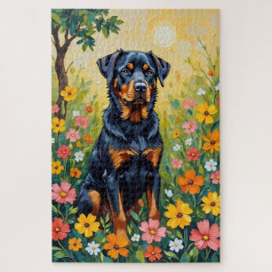 Rottweiler Frühlingsgarten Blumen Hund Puzzle