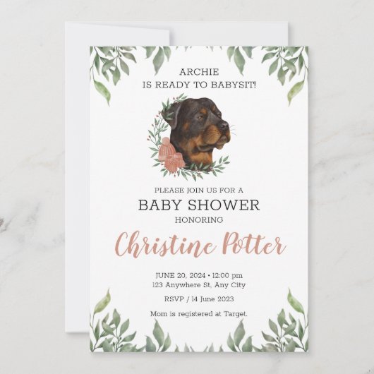 Rottweiler Girl Dog Boho Greenery Baby Shower Einladung (Vorderseite)