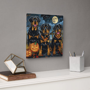 Rottweiler Halloween Spooky Quadratische Wanduhr