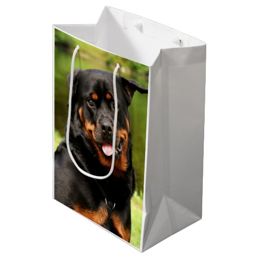 Rottweiler Happy Medium Geschenktasche Mittlere Geschenktüte (Vorderseite Schrägansicht)