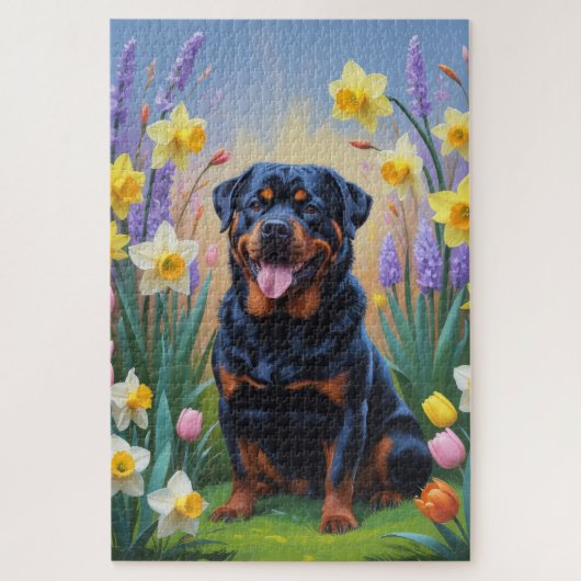 Rottweiler-Hund-Frühlingsblumen-Gemälde Puzzle (Vertikal)