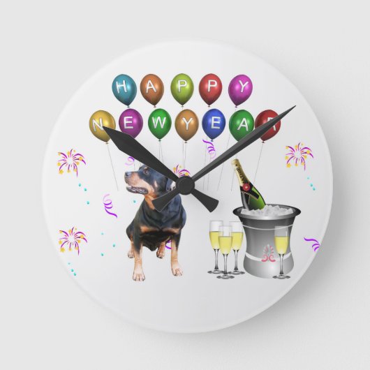 Rottweiler Hund glücklich Neues Jahr Runde Wanduhr (Vorderseite)