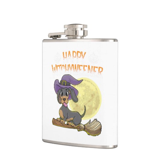 Rottweiler Hund Happy Halloween Hexen Flachmann (Links)