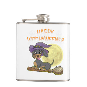 Rottweiler Hund Happy Halloween Hexen Flachmann