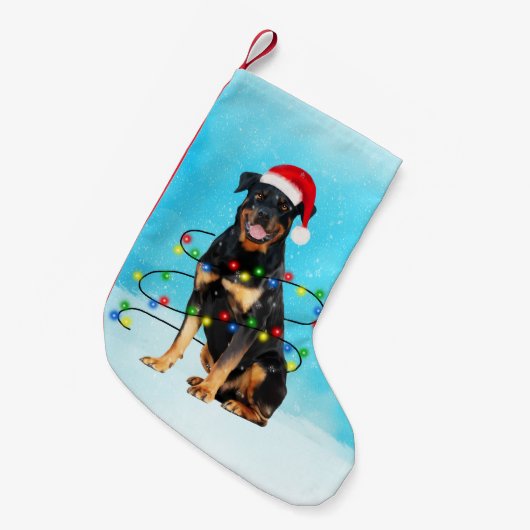 Rottweiler Hund im Schnee mit Weihnachtsmannmütze- Kleiner Weihnachtsstrumpf (Vorderansicht (hängend))