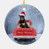 Rottweiler Hund im Schnee sitzend im Weihnachtswag Keramik Ornament (Hinten)