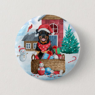Rottweiler Hund im Schnee Weihnachtshaus Button