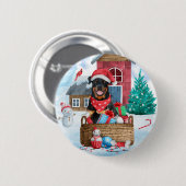 Rottweiler Hund im Schnee Weihnachtshaus Button (Vorne & Hinten)