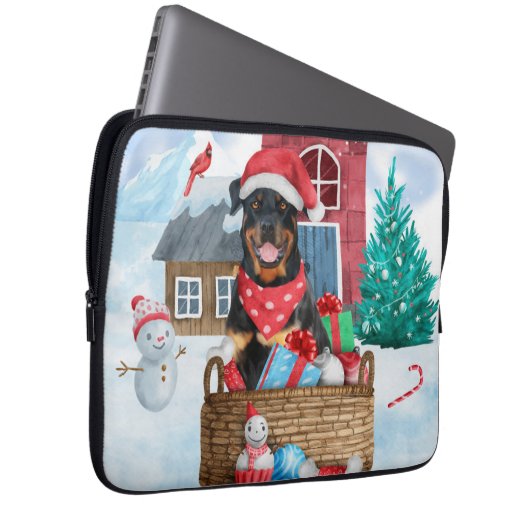 Rottweiler Hund im Schnee Weihnachtshaus Laptopschutzhülle (Vorne Rechts)