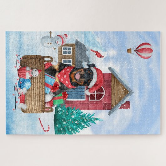 Rottweiler Hund im Schnee Weihnachtshaus Puzzle (Horizontal)