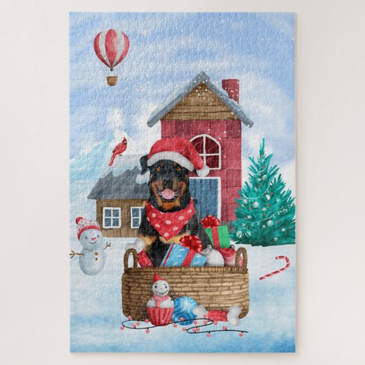 Rottweiler Hund im Schnee Weihnachtshaus Puzzle (Vertikal)
