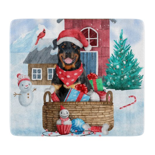 Rottweiler Hund im Schnee Weihnachtshaus Schneidebrett (Vorderseite)