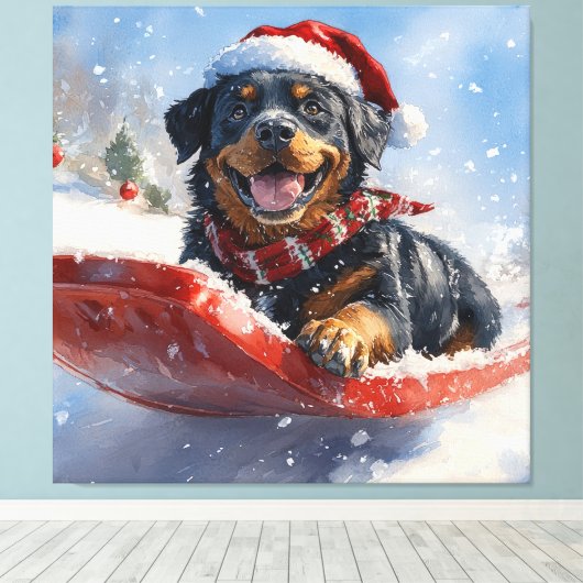 Rottweiler Hund in Sledge Let it Schnee Weihnachte Leinwanddruck (Insitu (Holzboden))