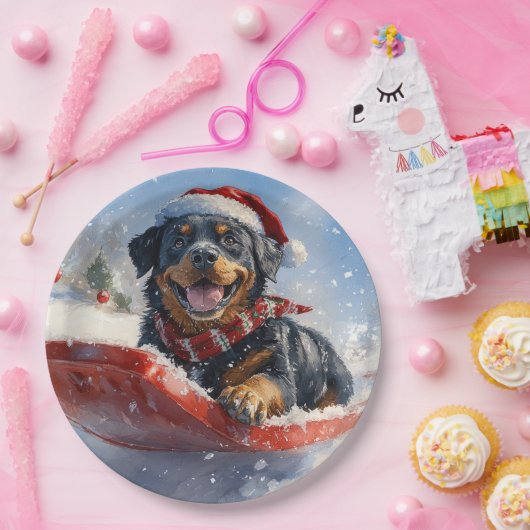 Rottweiler Hund in Sledge Let it Schnee Weihnachte Pappteller (Party)