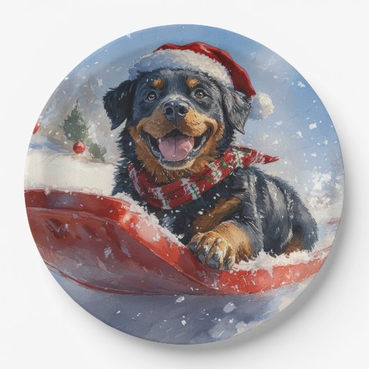 Rottweiler Hund in Sledge Let it Schnee Weihnachte Pappteller (Vorderseite)