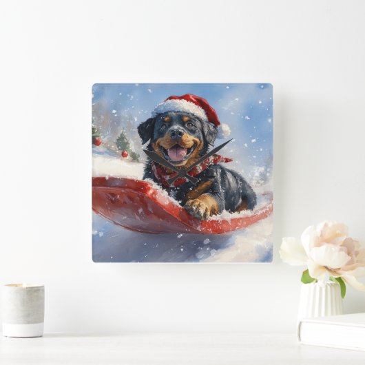 Rottweiler Hund in Sledge Let it Schnee Weihnachte Quadratische Wanduhr (Zuhause)