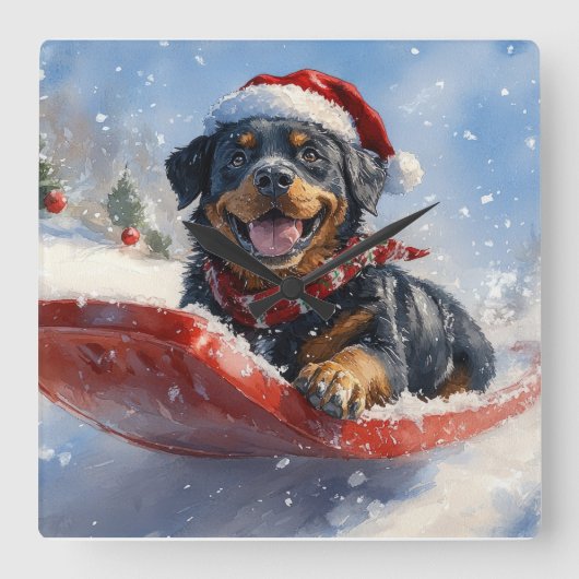 Rottweiler Hund in Sledge Let it Schnee Weihnachte Quadratische Wanduhr (Vorderseite)
