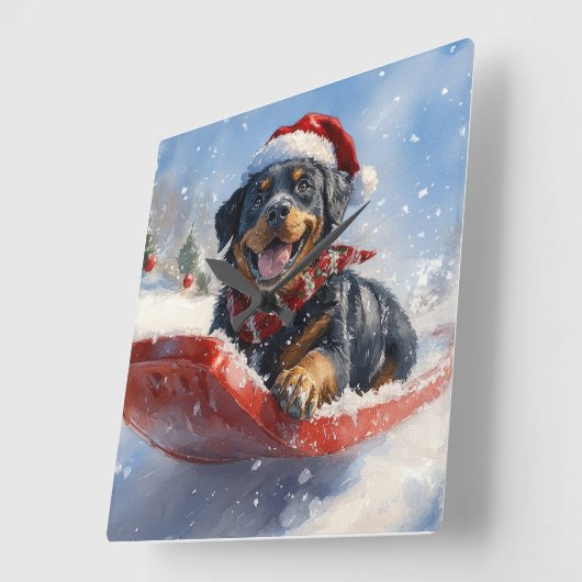 Rottweiler Hund in Sledge Let it Schnee Weihnachte Quadratische Wanduhr (Winkel)