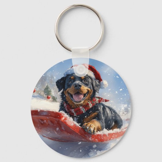 Rottweiler Hund in Sledge Let it Schnee Weihnachte Schlüsselanhänger (Vorderseite)