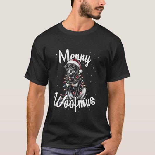 Rottweiler Hund Merry Woofmas Weihnachtslicht Sant T-Shirt (Vorderseite)