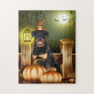 Rottweiler Hund mit Hexenhut Halloween Puzzle