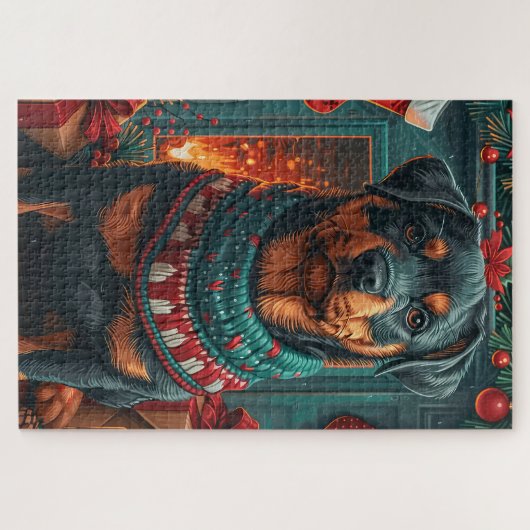 Rottweiler Hund mit Weihnachtsgeschenken Feuerplat Puzzle (Horizontal)