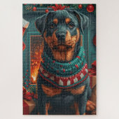 Rottweiler Hund mit Weihnachtsgeschenken Feuerplat Puzzle (Vertikal)