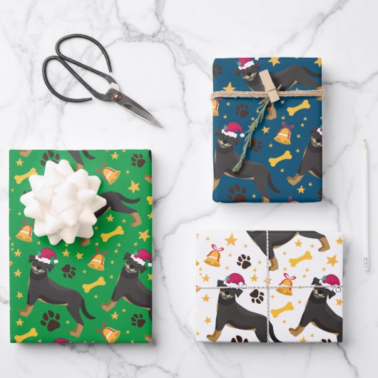 Rottweiler Hund mit Weihnachtsmannmütze Weihnachte Geschenkpapier Set (Vorderseite)