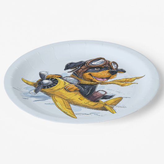 Rottweiler Hund Pilot Flugzeug Pappteller (Schrägansicht)