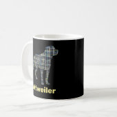 Rottweiler Hund Silhouette Gelb & Blau Grid Kaffeetasse (Vorderseite Links)