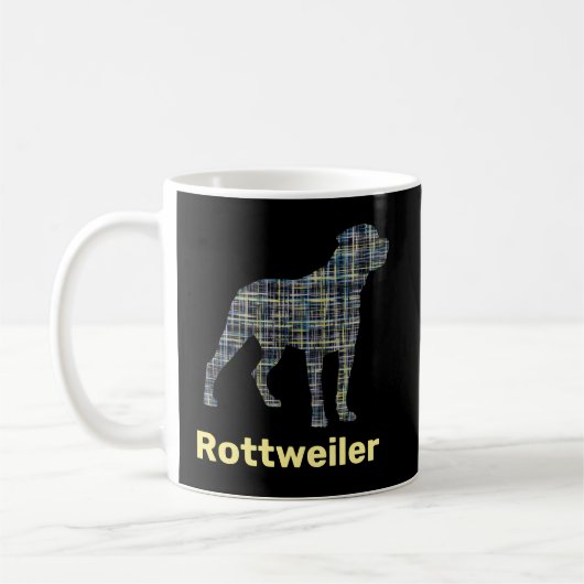 Rottweiler Hund Silhouette Gelb & Blau Grid Kaffeetasse (Links)