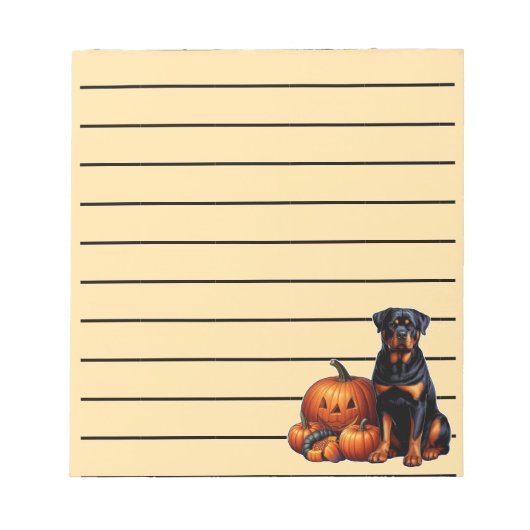 Rottweiler Hund sitzend von Halloween Pumpkins Lin Notizblock (Vorderseite)