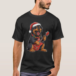 Rottweiler Hund spielt Gitarre Weihnachtsmann Hut  T-Shirt