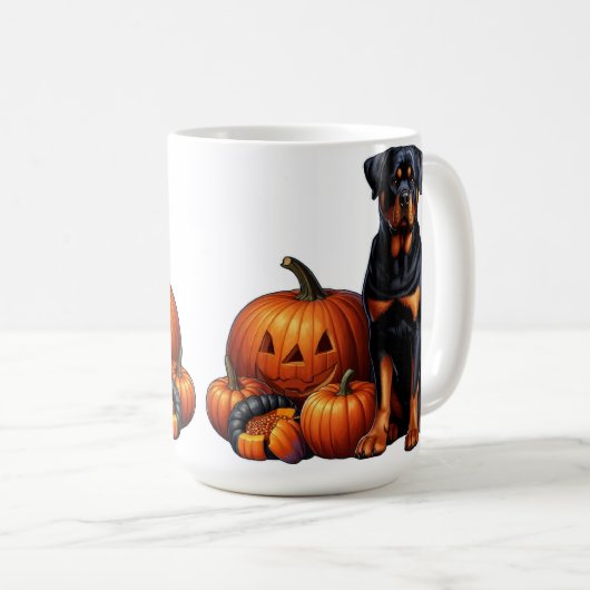 Rottweiler Hund von Halloween Pumpkins sitzend Kaffeetasse (VorderseiteRechts)