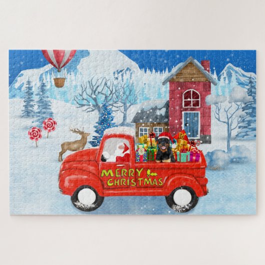 Rottweiler Hund Weihnachtswagen Schnee Puzzle (Horizontal)