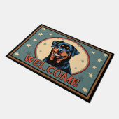 Rottweiler Hund Willkommen farbenfrohe Grenze Fußmatte (Schrägansicht)