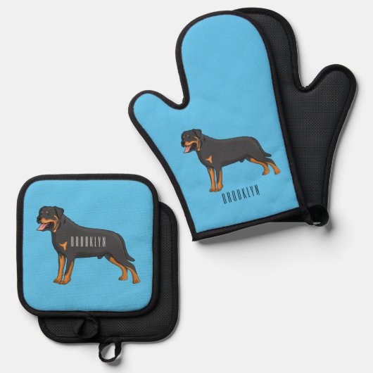 Rottweiler Hunde Cartoon Illustration Ofenhandschuh & Topflappen-Set (Vorderseite/Rückseite)