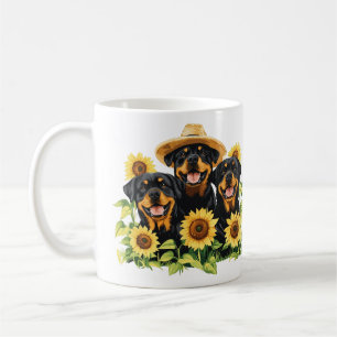 Rottweiler Hunde umgeben von Sonnenblumen Kaffeetasse