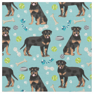 Rottweiler Hunde und Hundespielzeug hellblau Stoff