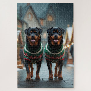 Rottweiler Hunde Weihnachten Schnee Feiertag Puzzle