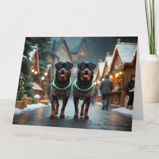 Rottweiler Hunde Weihnachtsschneeurlaub Karte (Vorderseite)