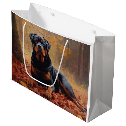 Rottweiler im Herbst Leaves Fall Inspiriert Große Geschenktüte (Vorderseite Schrägansicht)