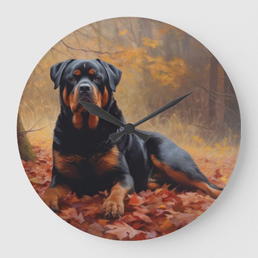 Rottweiler im Herbst Leaves Fall Inspiriert Große Wanduhr (Vorderseite)
