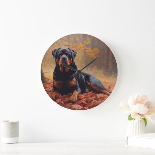 Rottweiler im Herbst Leaves Fall Inspiriert Große Wanduhr (Zuhause)