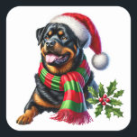 Rottweiler in einem Weihnachtshut und Scarf Quadratischer Aufkleber<br><div class="desc">Ein fröhlicher Rottweiler ist in einem festlichen Weihnachtshut und einem bunten gestreiften Schal gekleidet. Dieser fröhliche Hund zeigt ein spielerisches Benehmen,  mit Feriendekorationen geschmückt,  das während der Ferienzeit eine warme und fröhliche Atmosphäre schafft.</div>