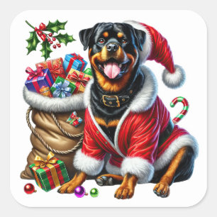 Rottweiler in festlicher Kleidung mit Weihnachtsge Quadratischer Aufkleber