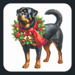 Rottweiler in Weihnachtsgear Quadratischer Aufkleber<br><div class="desc">Ein fröhlicher Rottweiler ist mit einem festlichen Kranz aus Heiligen und einem kräftigen roten Schal geschmückt. Diese fröhliche Canyine besticht durch den Geist der Weihnachtszeit,  bereit,  die Ferienzeit mit Wärme und Fröhlichkeit zu feiern. Die Dekoration verleiht dem Raum einen spielerischen Charme.</div>