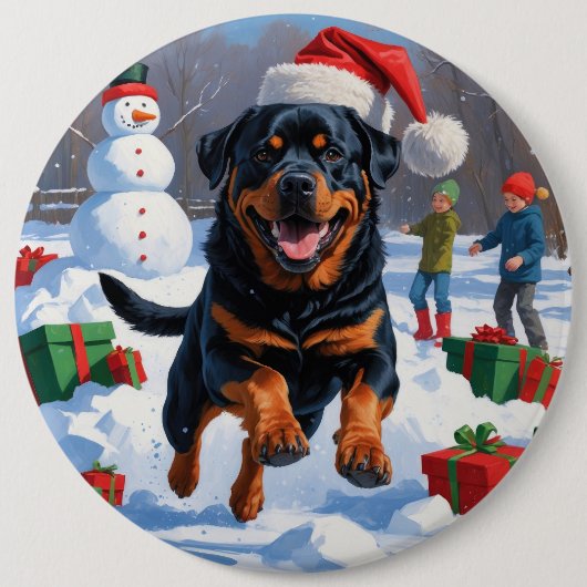 Rottweiler läuft im Schnee mit Weihnachtshut Button (Vorderseite)