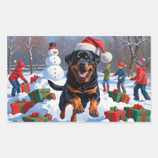 Rottweiler läuft im Schnee mit Weihnachtshut Rechteckiger Aufkleber (Vorderseite)